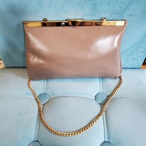 Vintage Chic Taupe Cocktail Shoulder Bag With Gold Tone Chain